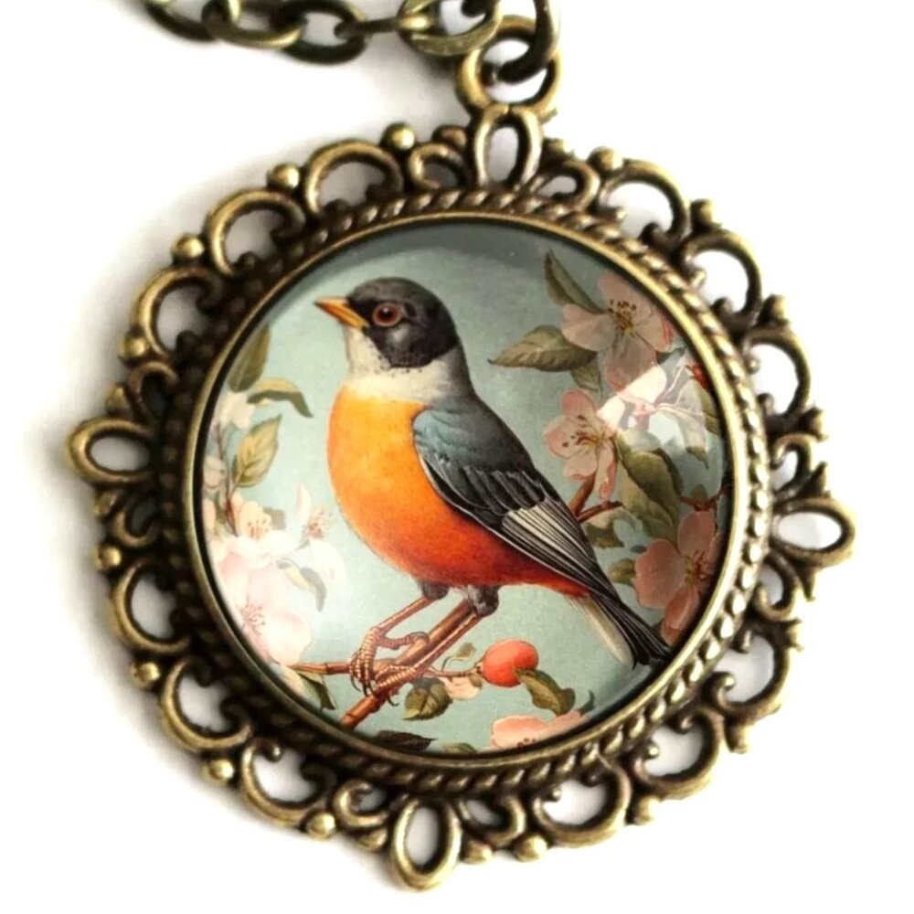 Vintage Robin Bird Necklace‎ - Cottage Core Ornate Pendant - Antique Jewelry